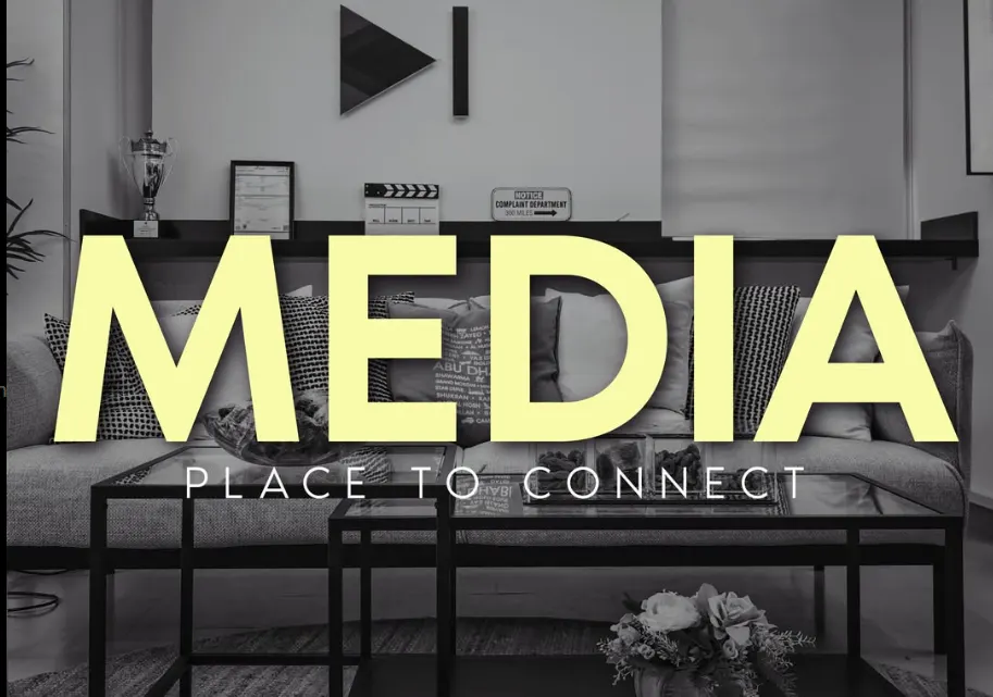 Brand slide reading MEDIA, Place To Connect, over the studio interior