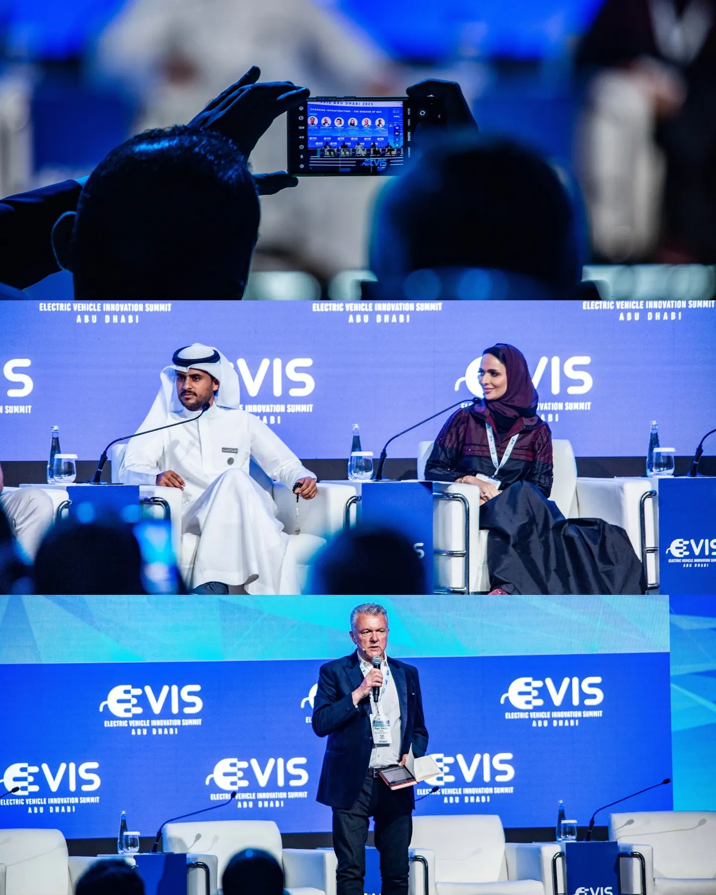 Three photographs from an electric vehicle summit: a phone filming the stage, two panellists seated before the event backdrop, and a speaker addressing the hall