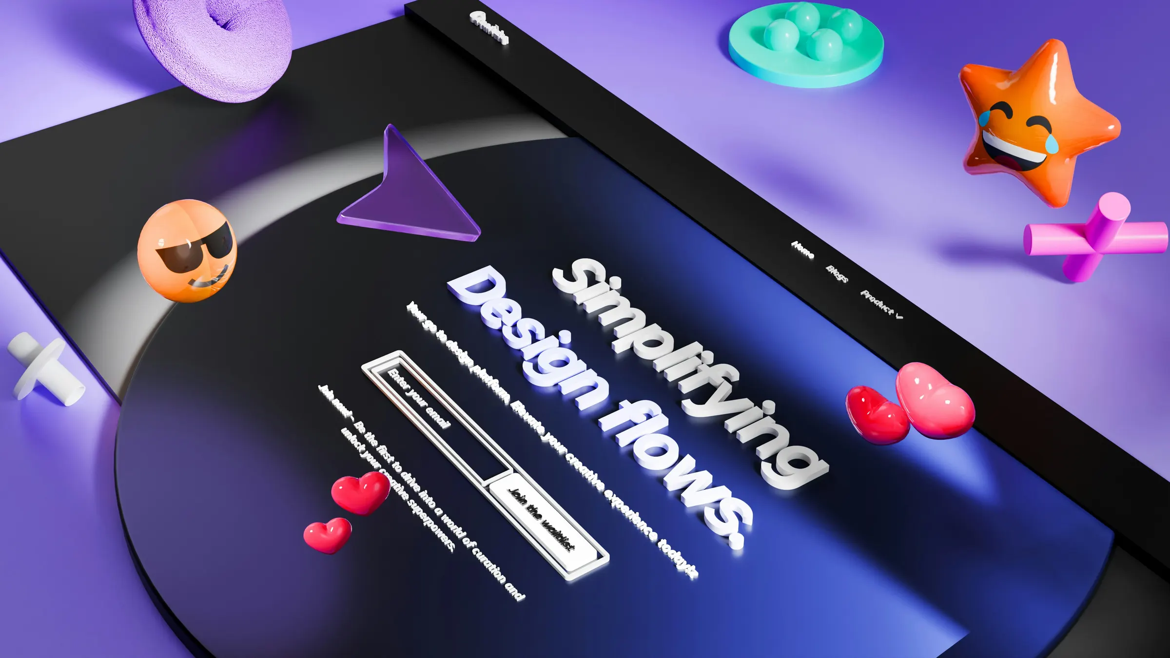 Stylised three-dimensional render of a landing page, with a headline, an email capture field and floating shapes around it